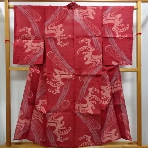 アンティーク 本麻 小千谷縮 着物 荒波 絵絣 大正ロマン 230371