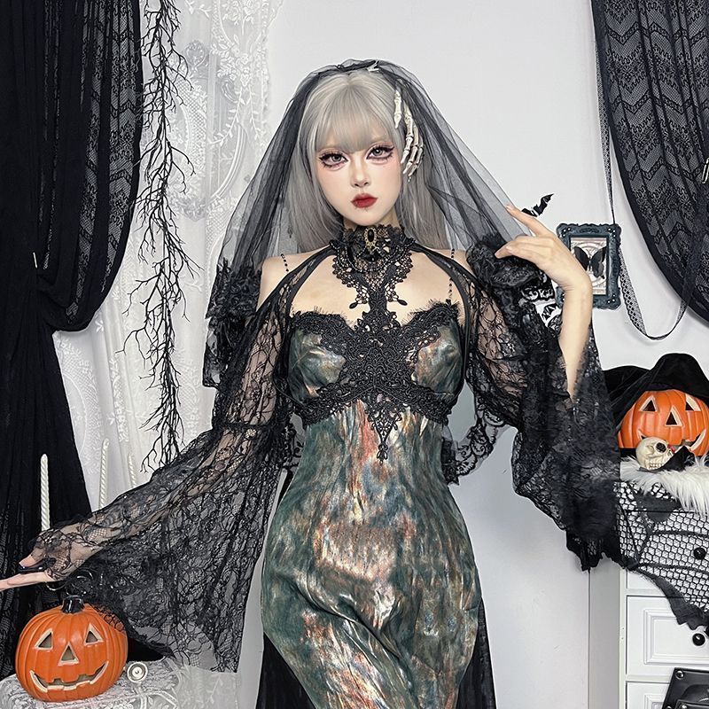ゴシック暗黒系 ショルダーカバー付き マキシドレス スリムデザイン ハロウィンコスプレ衣装 シースルーレース付き 豪華2点セット ゴシックデザイン ロリータ 刺繍