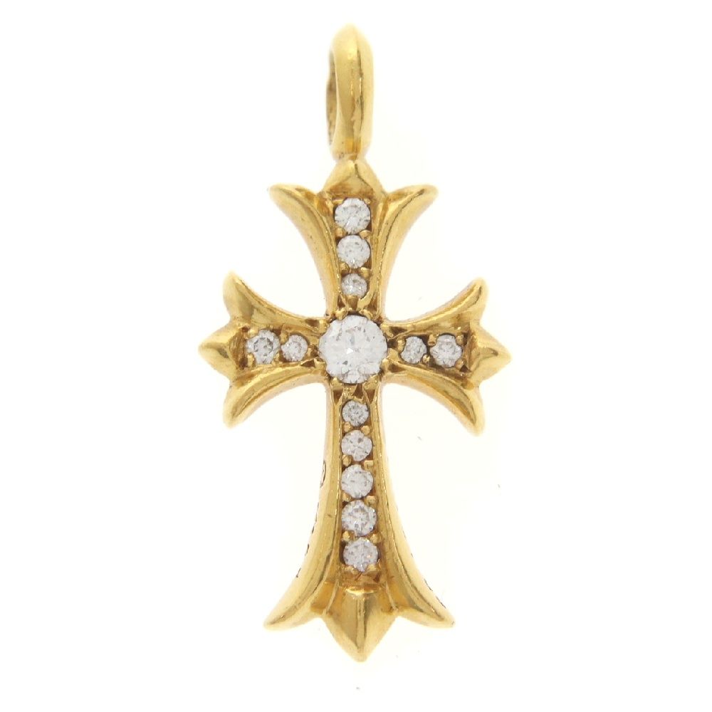 CHROME HEARTS (クロムハーツ) 22K TNY CRSF P DMND タイニーファットクロス オールド PAVEダイヤ ペンダント ゴールドネックレストップ
