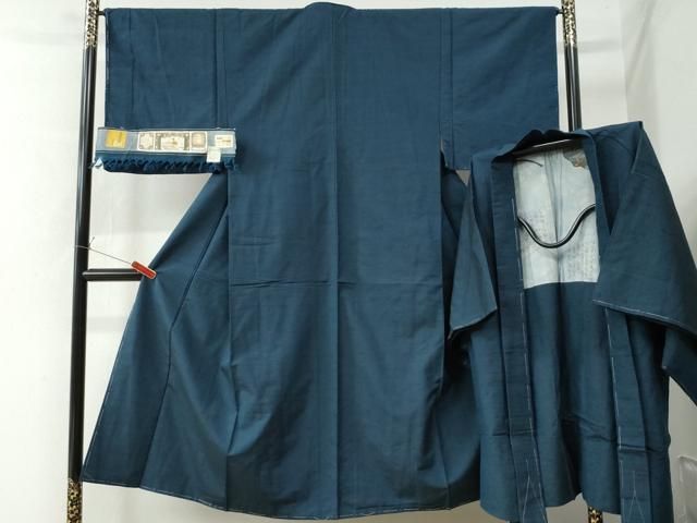 平和屋着物○男性 色紋付 羽織セット 濃藍色 正絹 逸品 AABA1279ph