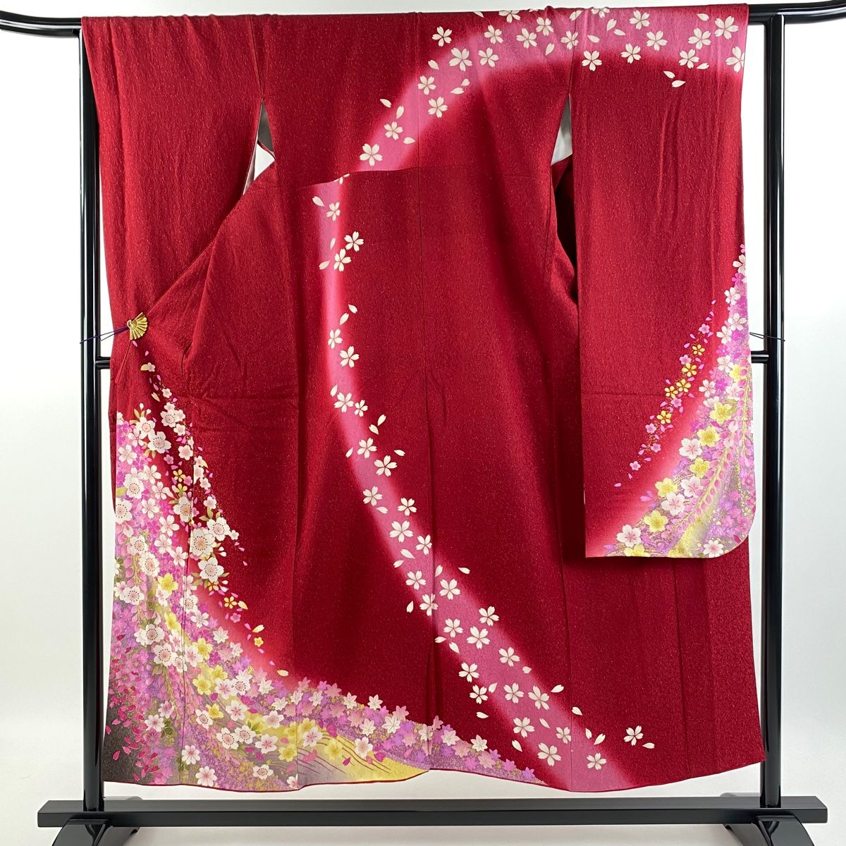 振袖 身丈151.5cm 裄丈63cm S 袷 桜 花びら 銀通し 金彩 赤 正絹