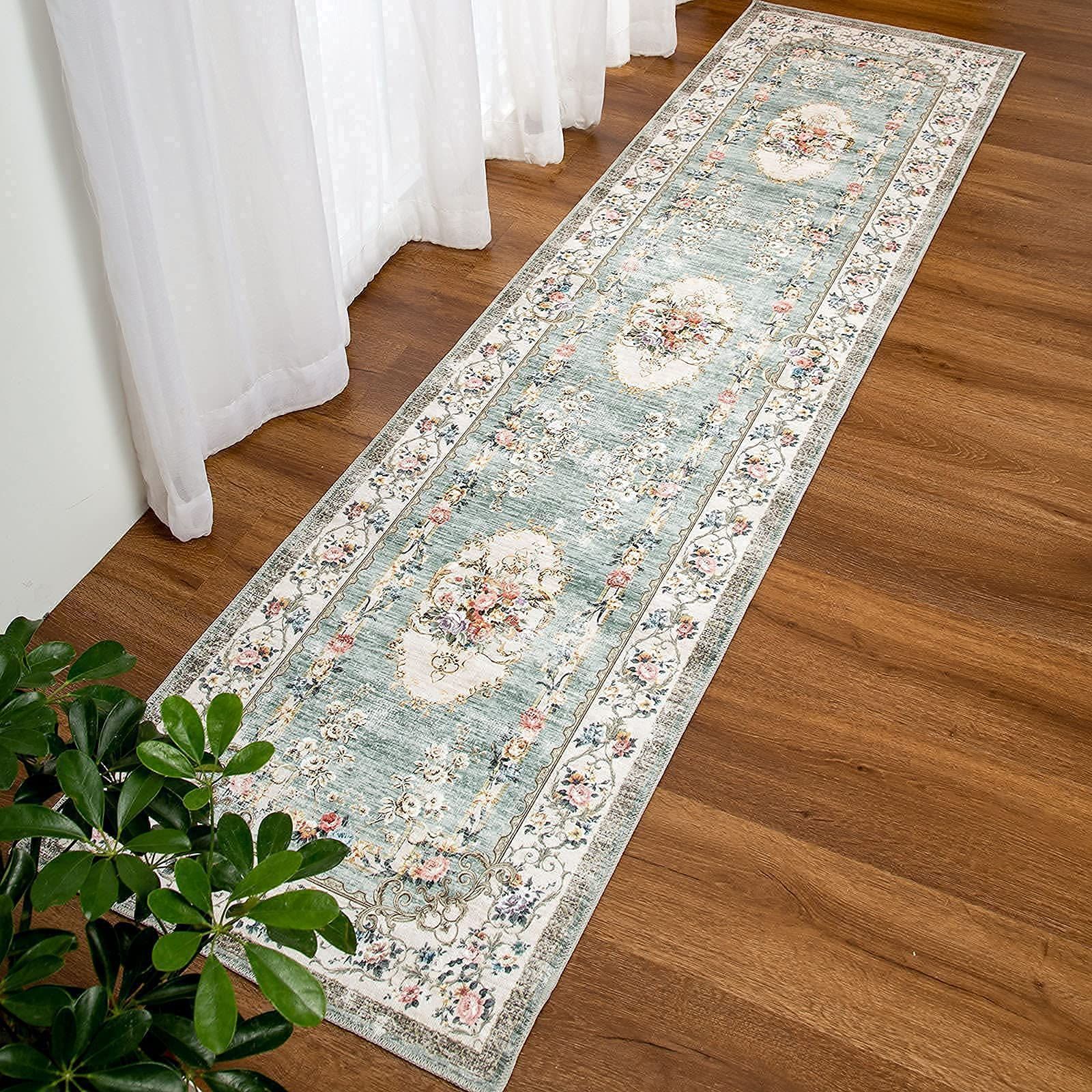 グリーン ラグ 防臭 防ダニ 床暖房対応 花柄 緑 滑り止め オールシーズン 60x240CM カーペット 廊下 おしゃれ 台所マット 絨毯 ペルシャ風 洗える 240 キッチンマット DECOMALL