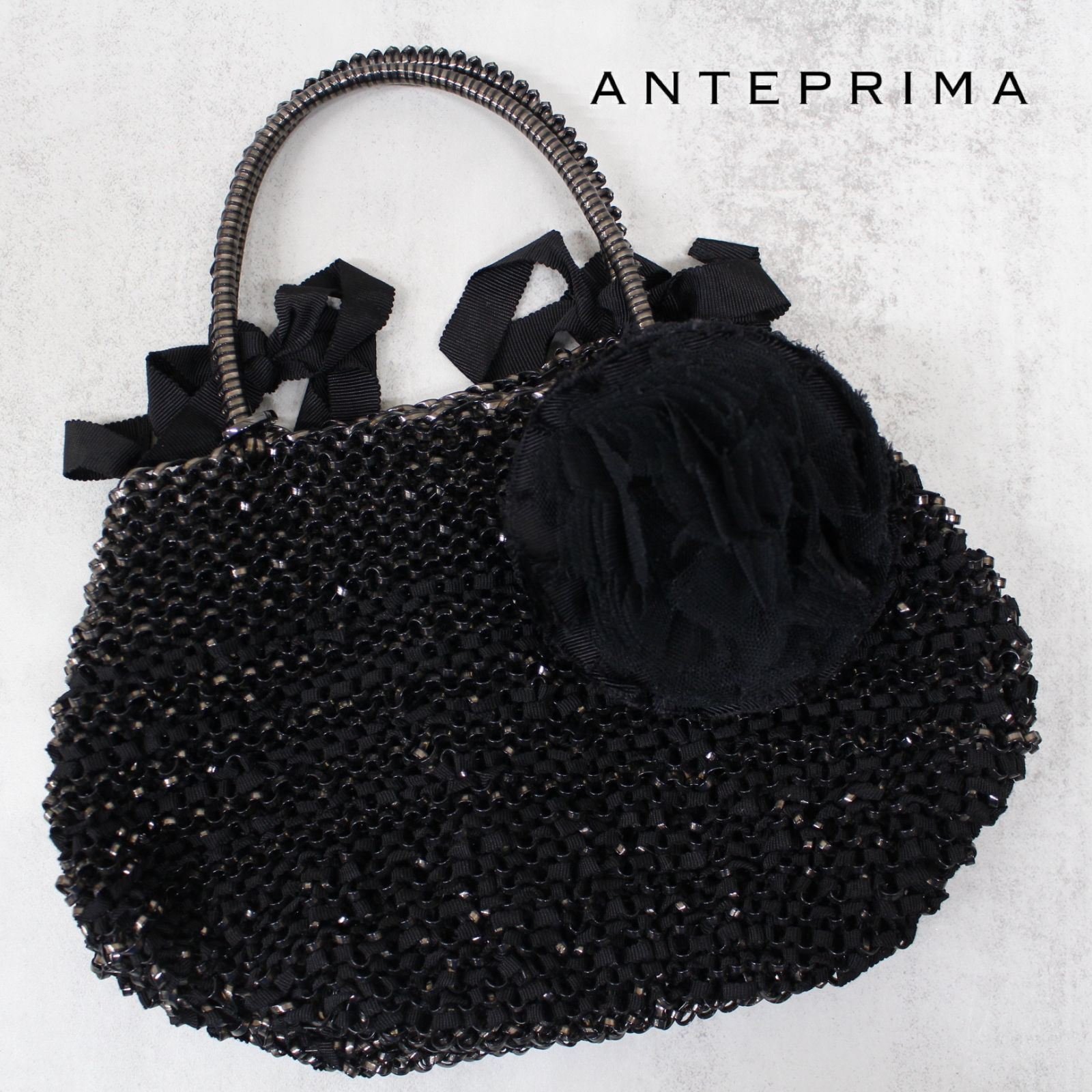 S065)【美品】ANTEPRIMA ワイヤーバッグ コサージュ付き ブラック 黒 
