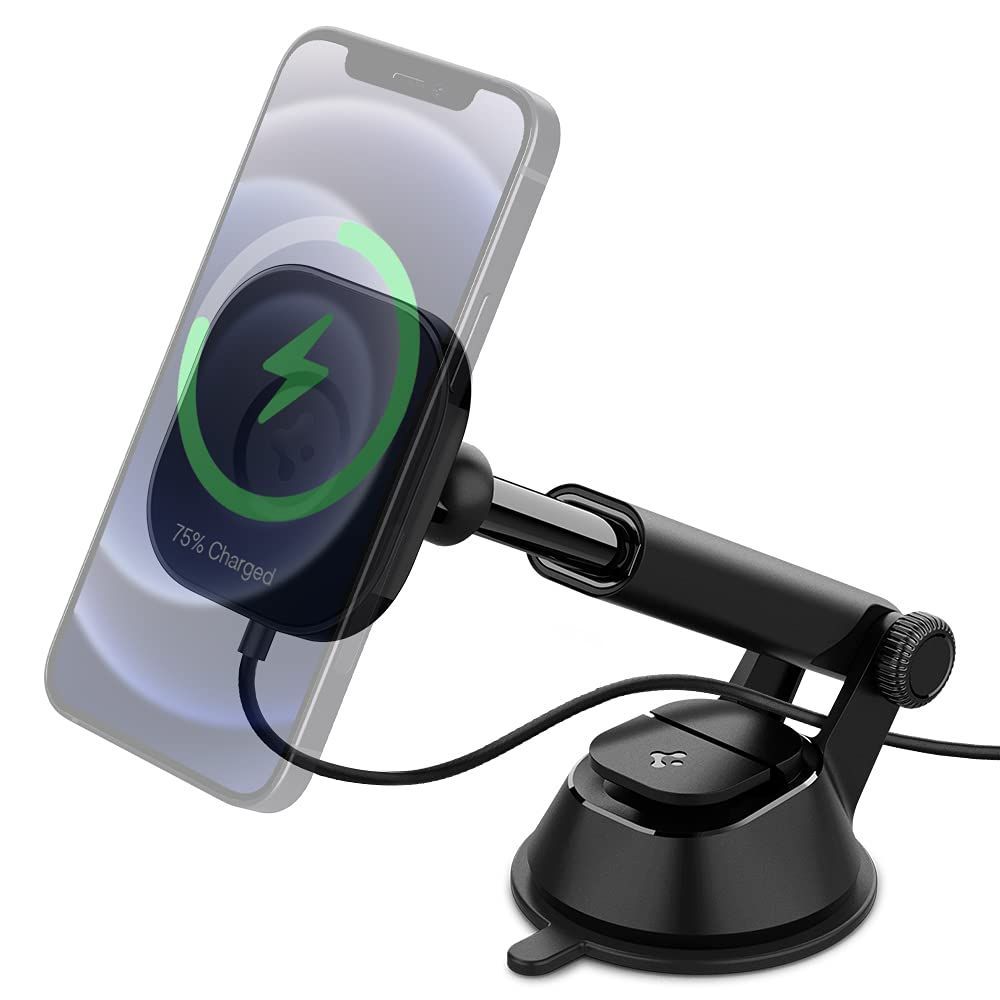 Spigen 車載ホルダー ワイヤレス充電 マグネット MagSafe用 吸盤 スマホホルダー 車 ダッシュボード 粘着ゲル吸盤 スマホスタンド iPhone 14 13 12 Pro Max Plus Mini 超強磁力 360度回転 片手脱着 落下防止 取