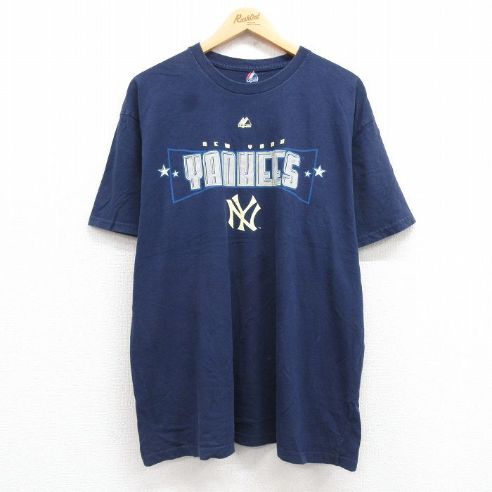 XL/古着 マジェスティック 半袖 ビンテージ Tシャツ メンズ 00s MLB ニューヨークヤンキース コットン クルーネック 紺 ネイビー メジャー