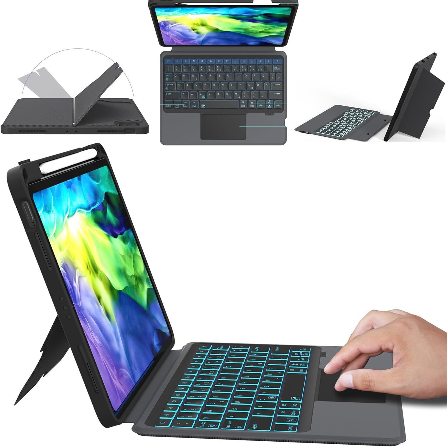 10.9/11インチ 横置き 縦置き iPad Air 第5世代 キーボードケース iPad Air 第4世代 キーボード 10.9インチ タッチパッド付き 3台デバイス切替 脱着式 iPad pro 11 第4/3/2/1世代 キーボード ７色バックライ