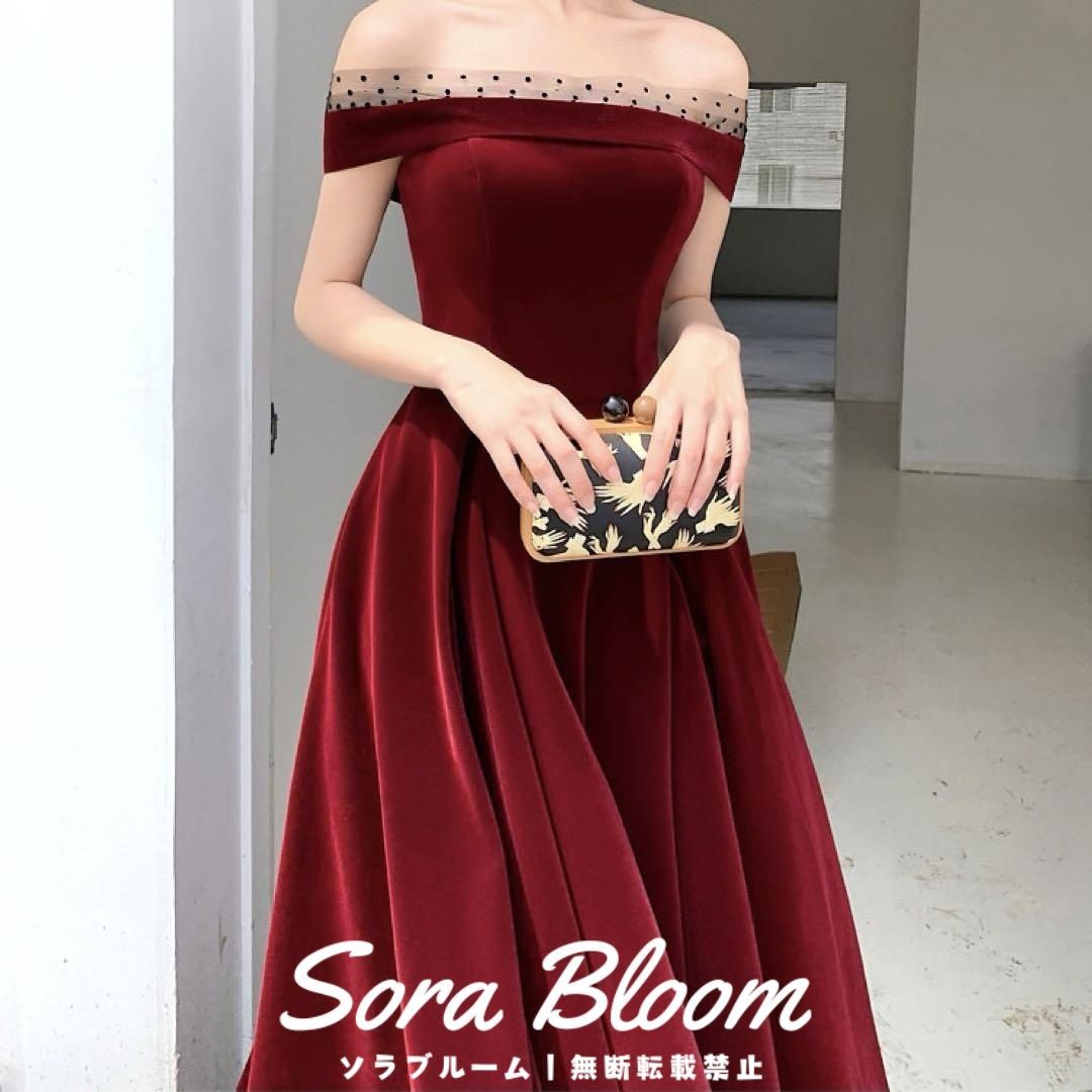 ドットのレースがオシャレ オフショル ロングイブニングドレス ドットのレースがオシャレ オフショル ロングイブニングドレス