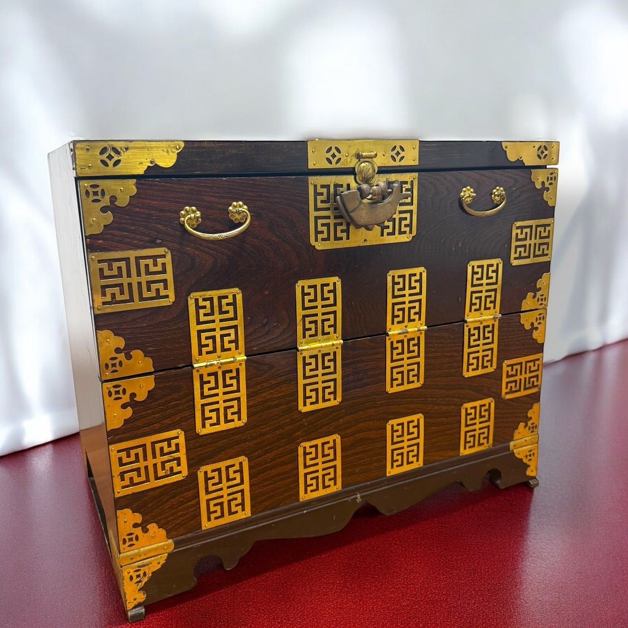 品 李朝家具 バンダジ 半閉櫃 木製収納箱 朝鮮古民藝 韓国 骨董 古道具 アンティーク パンダジ 民芸箪笥 古文書貼り 高さ50cm