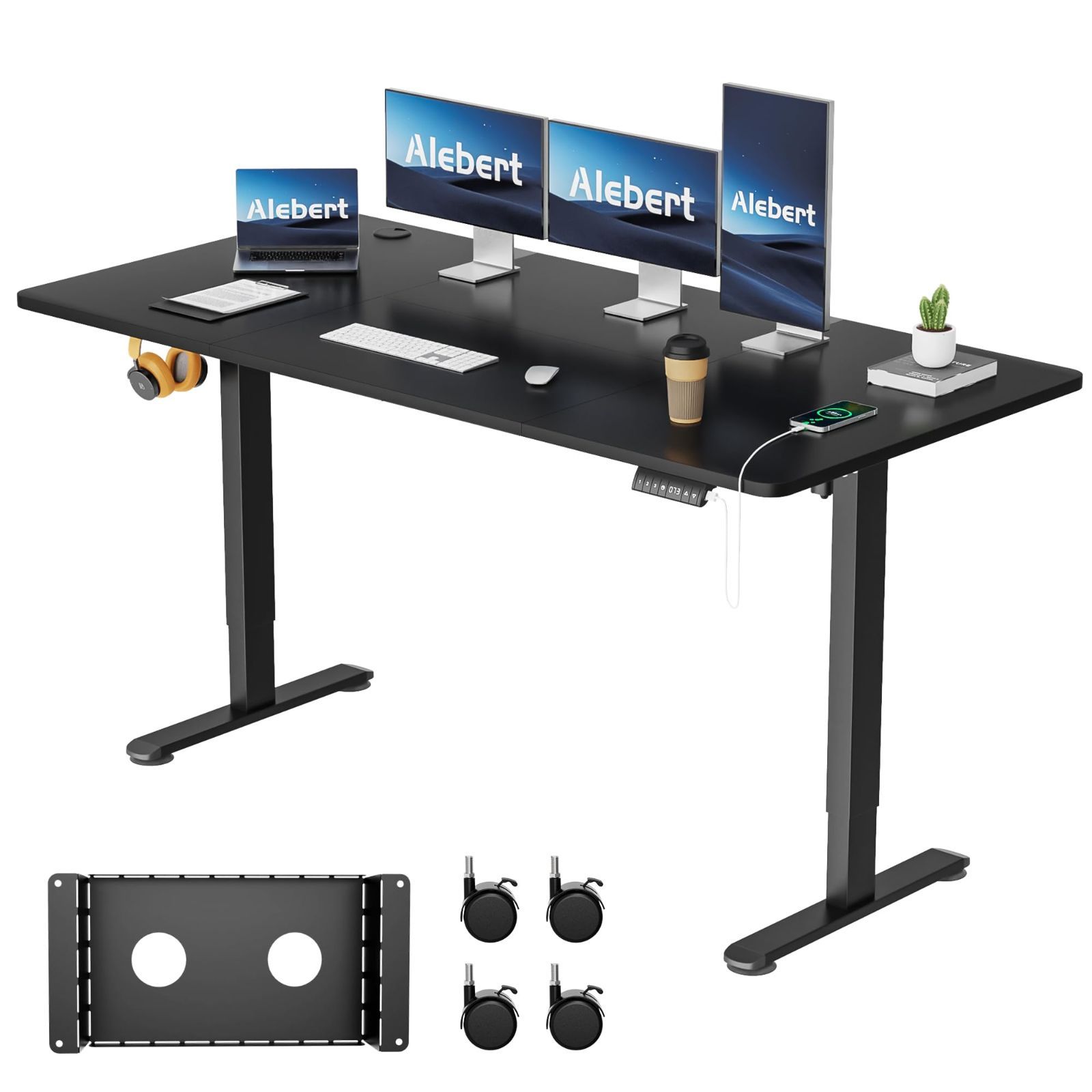 Alebert 電動昇降デスク スタンディングデスク 幅160*奥行80cm 入り替え用キャスター付き 収納ボックス付き USB充電 高さメモリー機能 障害検知 静音 ゲーミングデスク パソコンデスク 昇降式テーブル オフィスワークテーブル 作