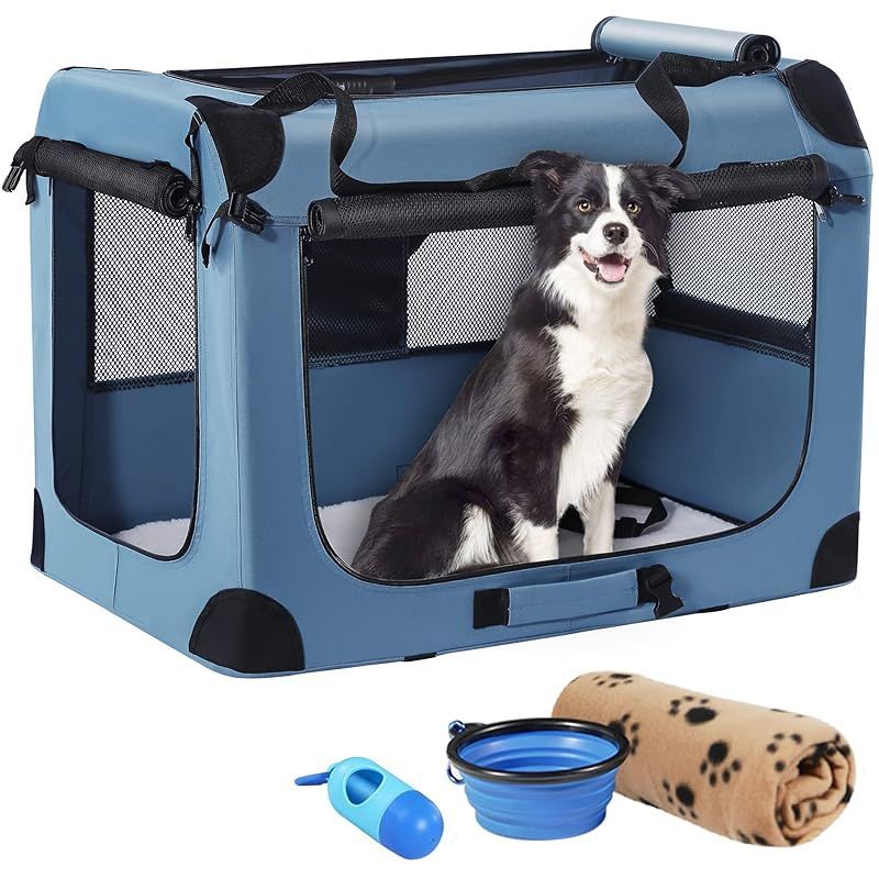 Petprescoソフト折りたたみ式犬用クレート 頑丈耐久81x58x58cmセンチメートルポータブル旅行犬クレート 柔らかい毛布 ドッグボウルとうんち袋と犬のエンクロージャ 中型犬用 屋内と屋外の使