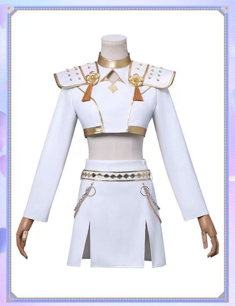 高品質 K-POP魔法少女風 佐依コスプレ衣装セット ウィッグ付き 韓流アイドル風 白×ゴールド 打歌ステージ服