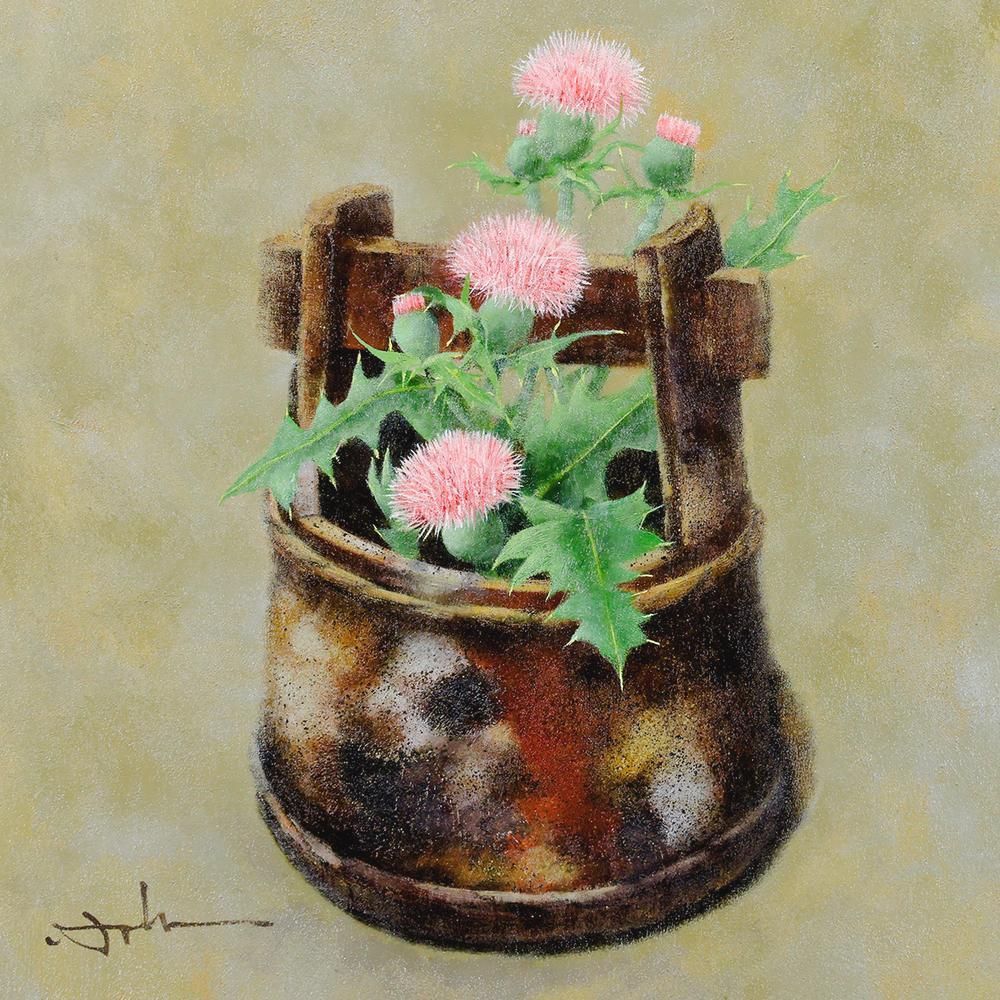 感謝の声続々！ WISH】濱口清「薊」油彩 全国 〇無所属人気画家 古桶と野花 6号 絵画