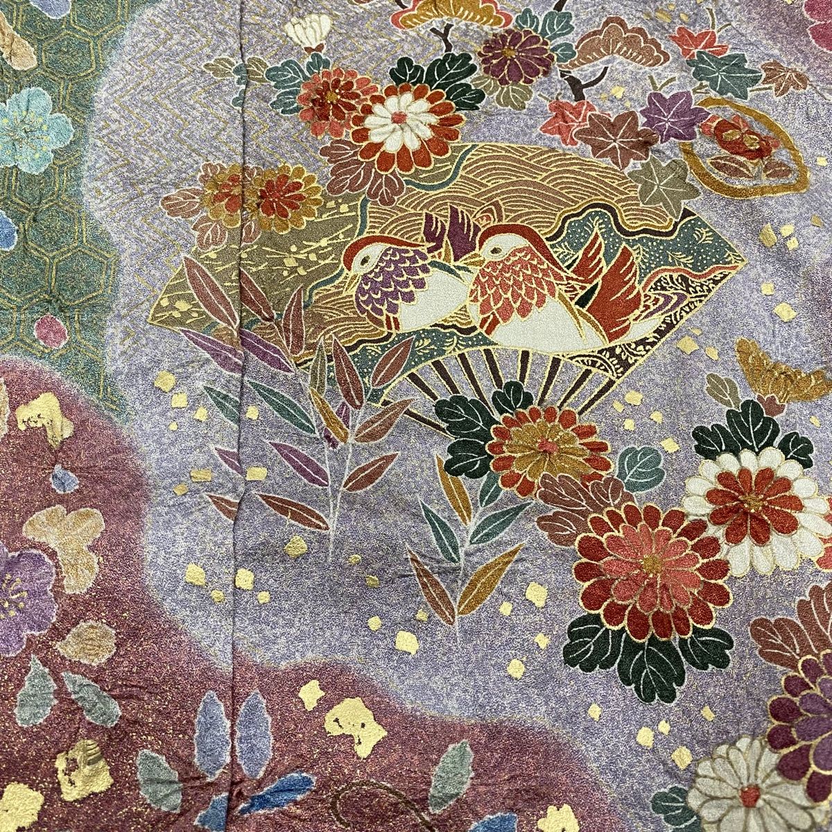 訪問着 身丈175cm 裄丈65cm 未仕立て 扇 草花 金彩 絞り 青灰色 正絹  