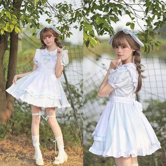 メイド服 レディースコスプレ衣装 Lolita ワンピース 萌え萌え ロリータドレス ウェイトレス メイド クリスマス フルセット カチューシャ ロリータ風ワンピ 可愛