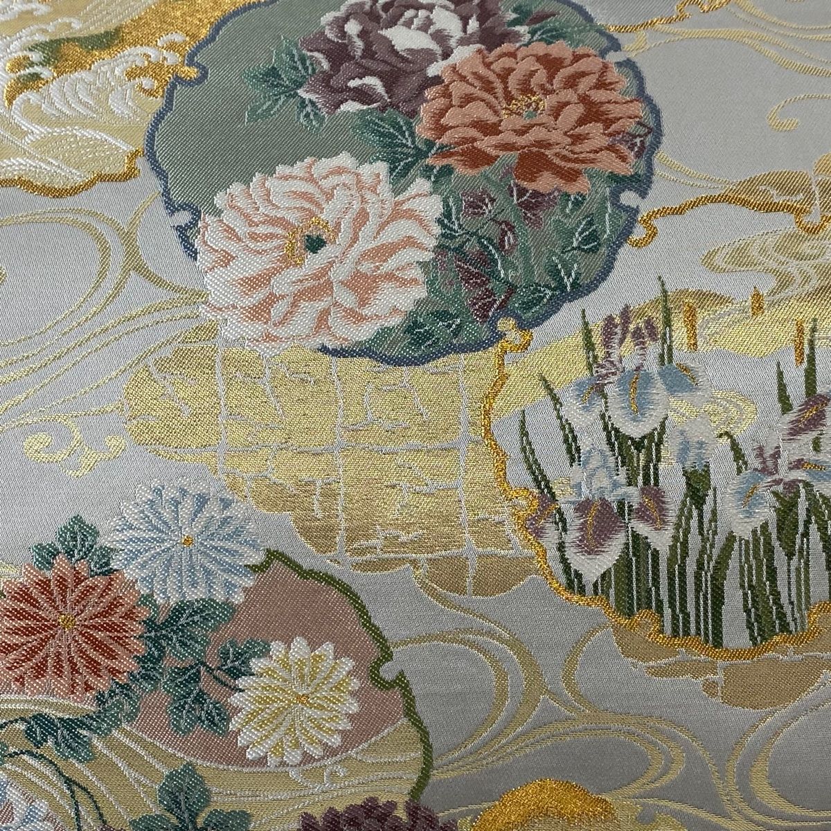 公式サイト 雪輪 秀品 袋帯 草花 メルカリ - 【中古】 正絹 六通 灰色 箔 金糸 着物・浴衣