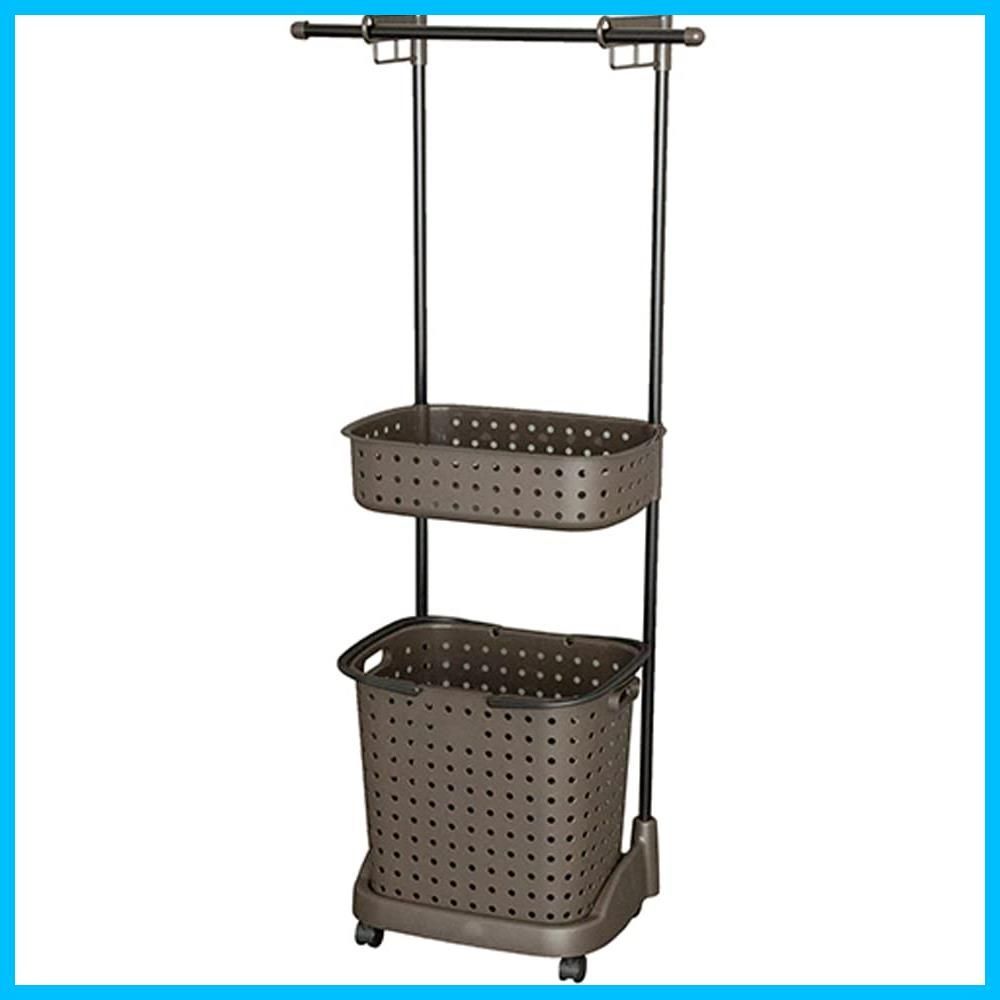 【新着商品】ランドリーバスケット 2段 レクエア ハンガー付 ダークブラウン 収納ラック 日本製 Astage) 簡単組み立て JEJアステージJEJ 幅59.6×奥行35×高さ137cm
