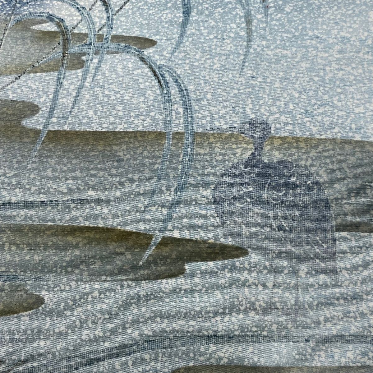 袋帯 証紙 紬地 和樂 鳥 ヱ霞 染分け 青灰色 お太鼓柄 正絹