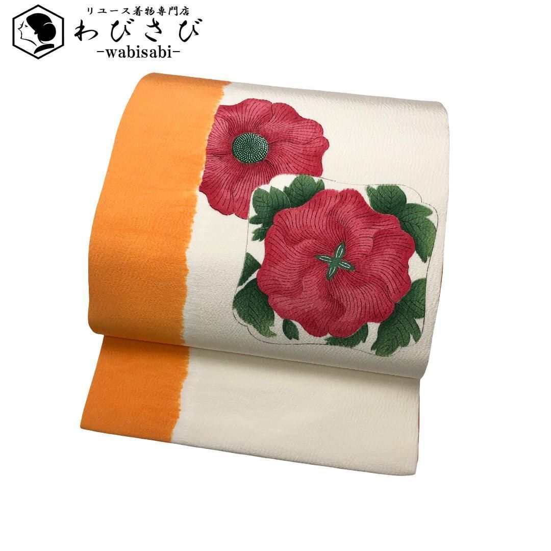 名古屋帯 手描き 花模様 乳白色 縮緬 O-5535