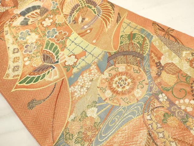 平和屋着物◎佐賀錦 六通柄袋帯 舞蝶花鳥文 金糸 正絹 逸品