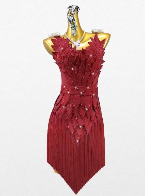 新作 ラテンドレス ワンピース ラテン衣装 ワインレッド オーダー