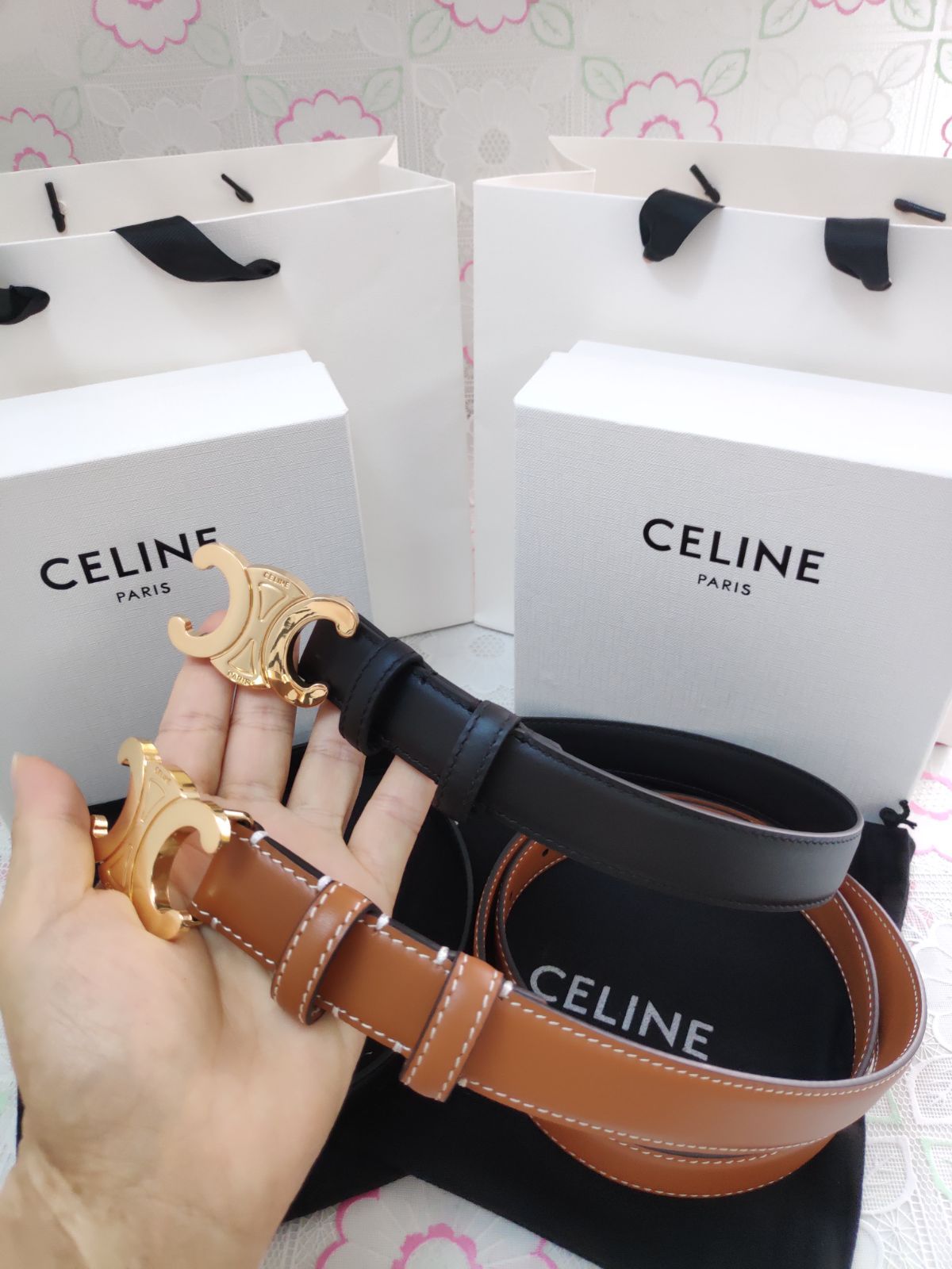 Celine セリーヌ ベルト トリオンフ レザーベルト 金色金具 男女兼用✜