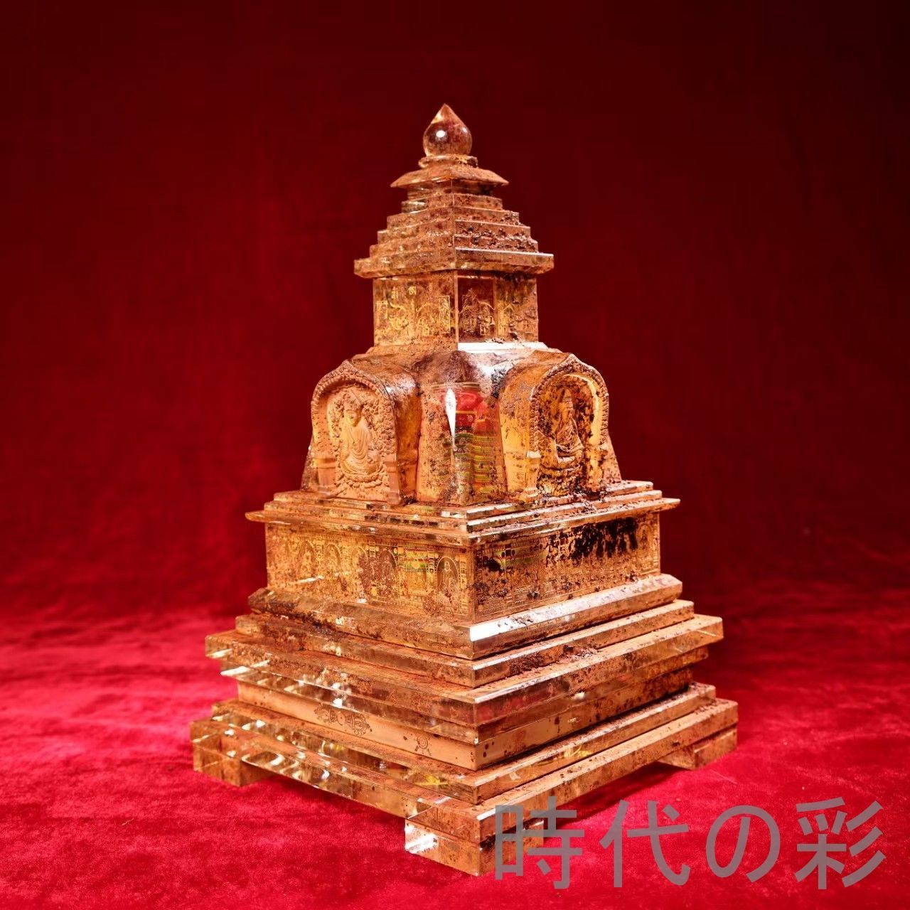 中国古美術 旧蔵 古寺院結縁 清代 老水晶 彫刻 四面活仏 銘文 水晶経文仏塔 仏教美術 唐物 細工 古賞物 置物 時代物 収集 古美味 旧家蔵出 R07100305