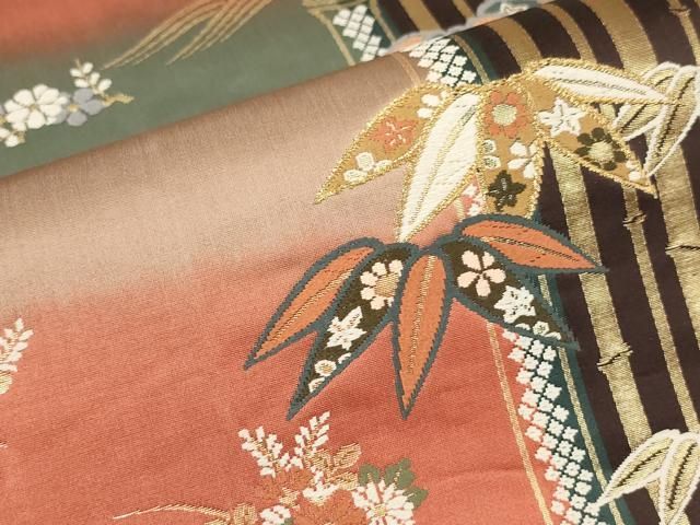 平和屋着物▽両面 全通柄袋帯 唐織 草花竹文 金糸 正絹 逸品