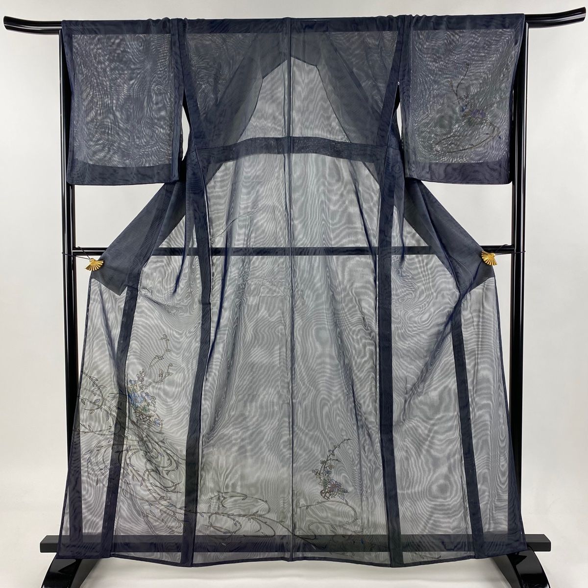 訪問着 身丈162cm 裄丈67.5cm L 紗袷 花籠 葉柄 金彩 濃紺 正絹 名品