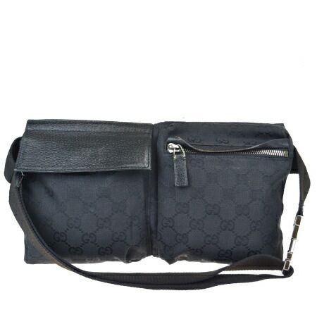 【中古】 グッチ GUCCI ウエストポーチ バッグ GG柄 ブラック キャンバス レザー 64EZ223