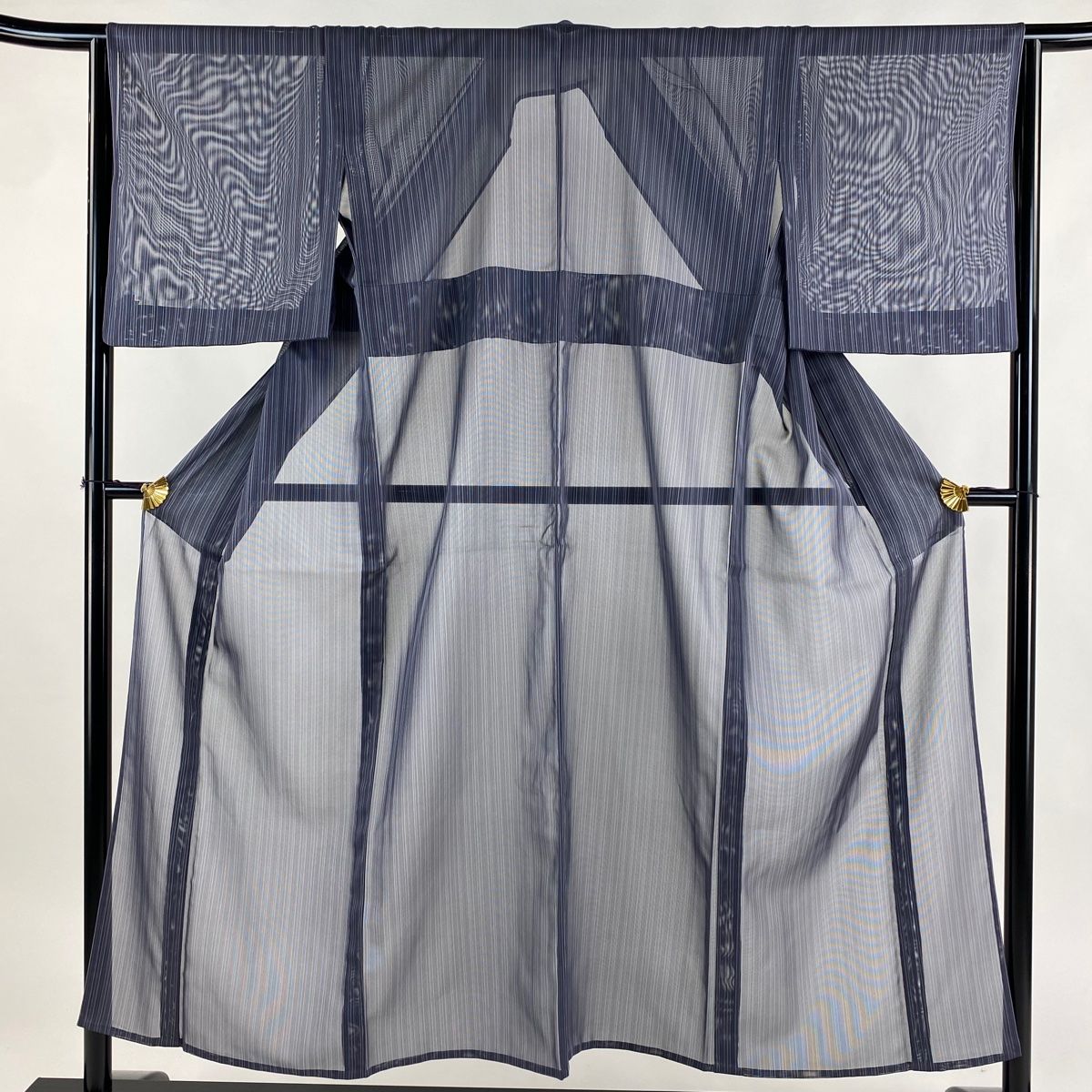 小紋 身丈150cm 裄丈64.5cm M 薄物 紗 縦縞 紫 正絹 秀品