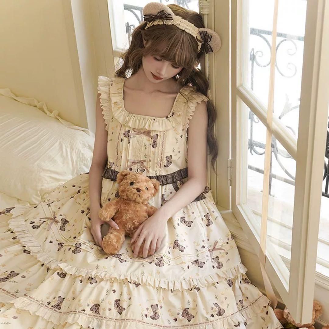 ロリータ風クマちゃん柄フリルワンピース✿普段使いに最適 ロリータ風クマちゃん柄フリルワンピース?普段使いに最適 - メルカリ