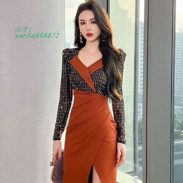 膝丈長袖ワンピース 茶