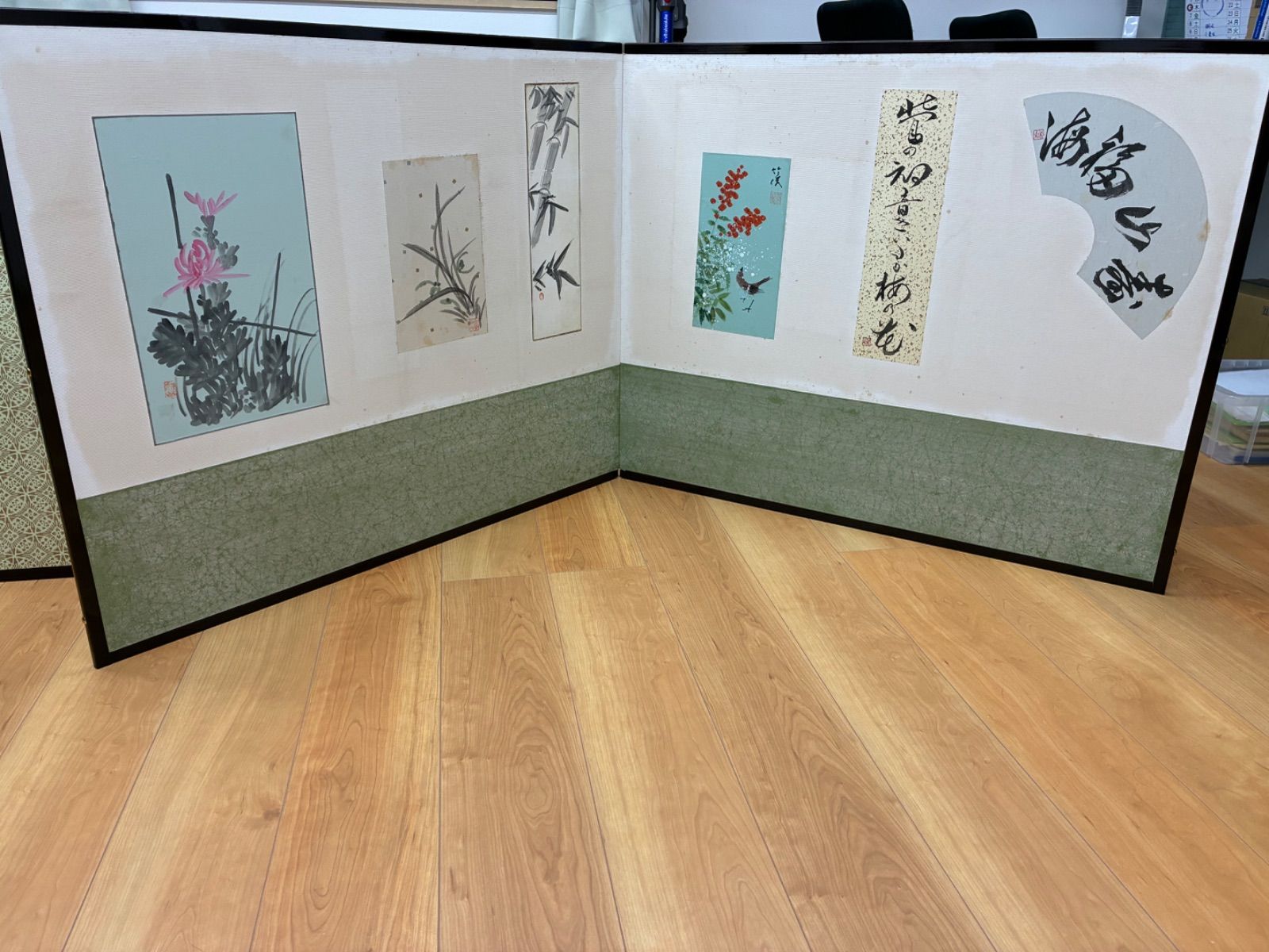 貢献する 茶道具 風炉先屏風 貼り込み 二曲屏風 貼り絵 書 茶室道具 茶道 間仕切り 結界 和室 茶室 パーティション