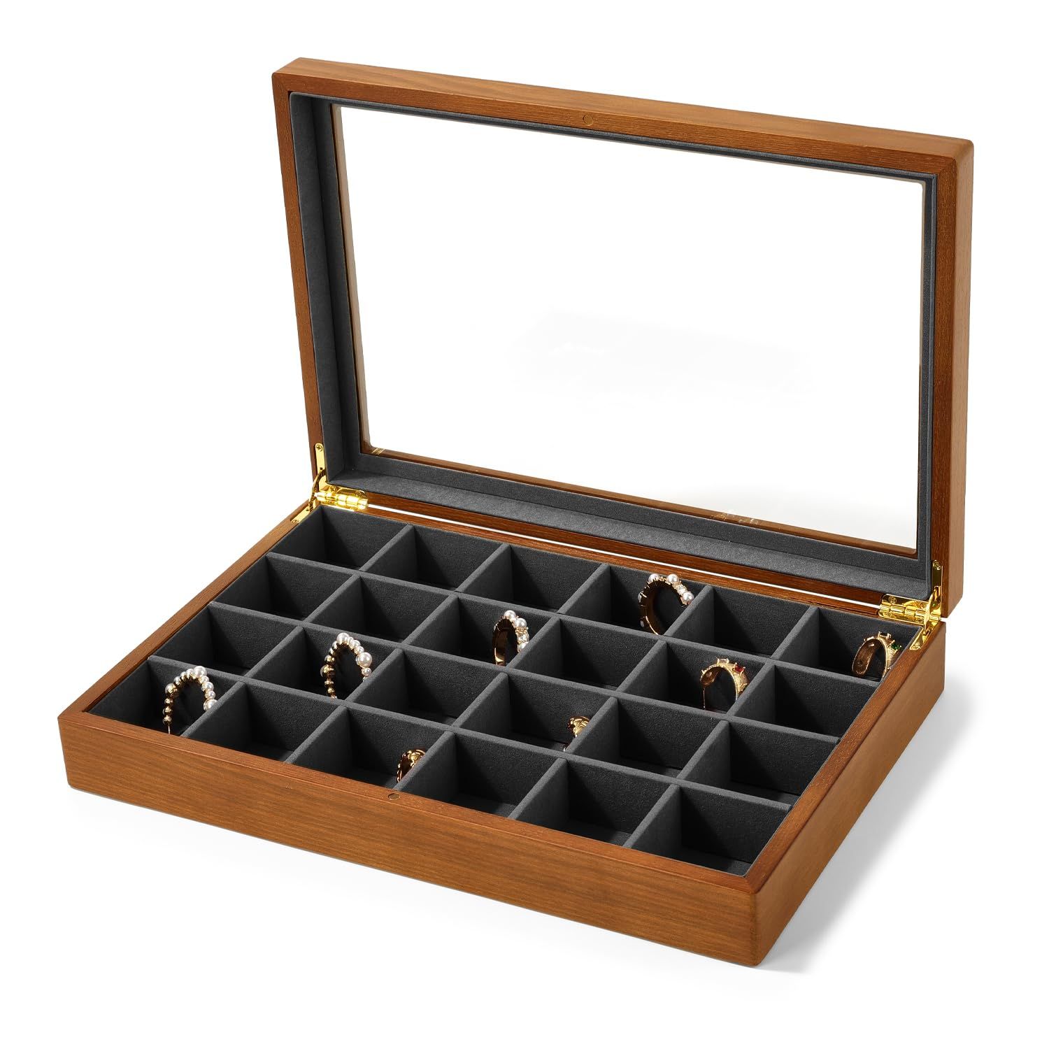 Oirlv ジュエリートレイ 蓋付き 24区画 木製 ジュエリーボックス 大容量 指輪 イヤリング ネックレス ディスプレイ 収納 透明 おしゃれ 適格請求書に対応 X02406 ダークグレー