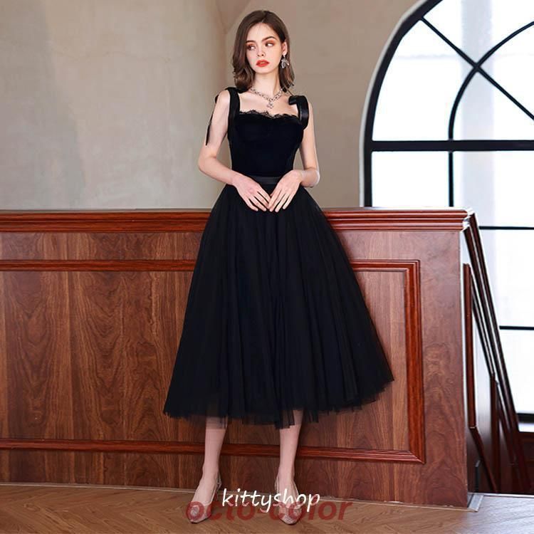 パーティードレス 黒 ベロア ベルベット キャミドレス ブラック レース