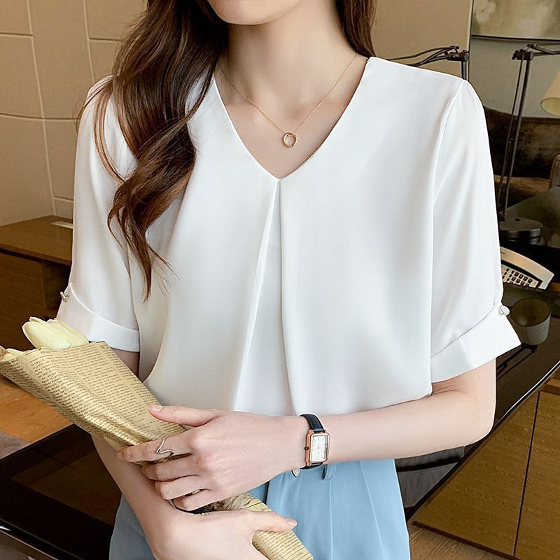 ブラウス 半袖 レディース tシャツ vネック オフィス 夏