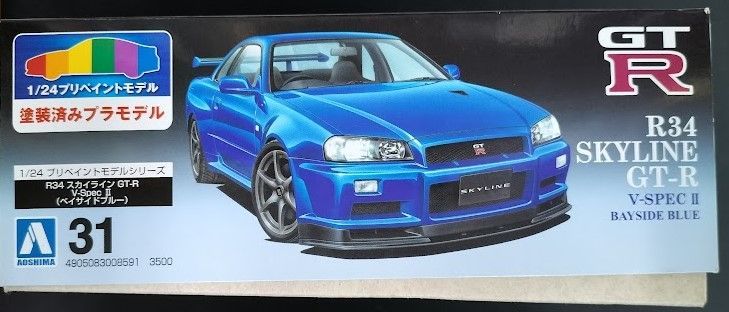 アオシマ プラモデル 1/24 プリペイントモデル No.31 R34 スカイラインGT-R V-Spec II ベイサイドブルー - メルカリ