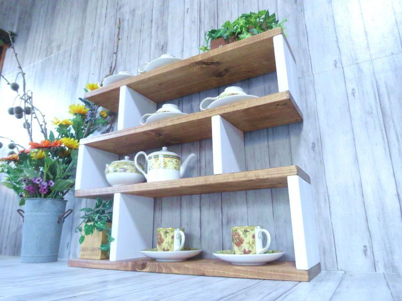 ハンドメイド 公式 カップボード3段タイプ （チーク色×ホワイト）