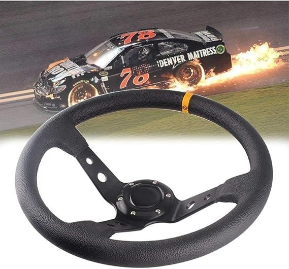 【在庫処分】ディープコーンステアリング 35φ ハンドル ブラックスポーク スポーツタイプ 軽量アルミニウム ライチ柄 ステアリングホイール PVC防錆 車用 ホーンボタン付き/黒