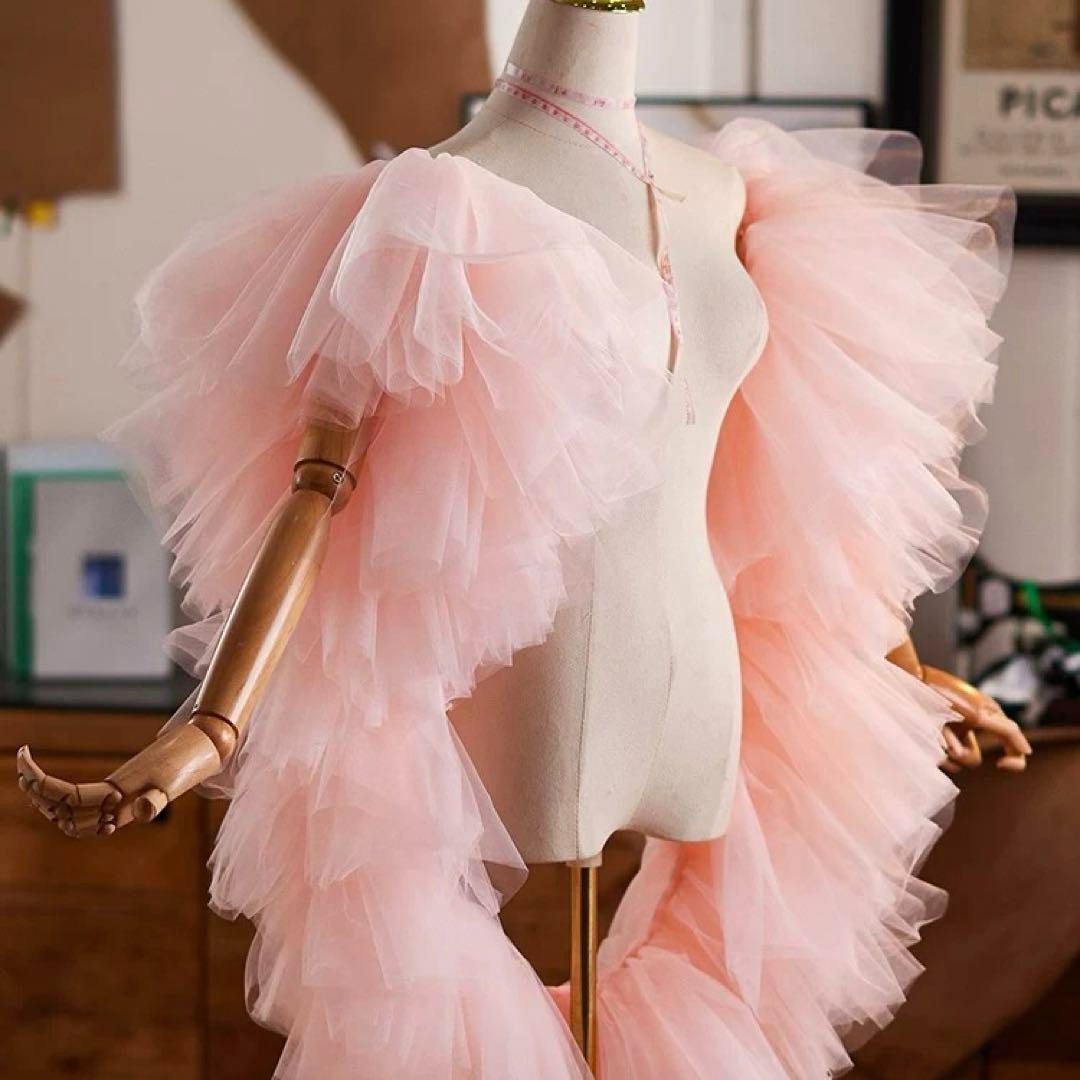 ソフトチュールのフリルがゴージャスなショール 薄いピンク