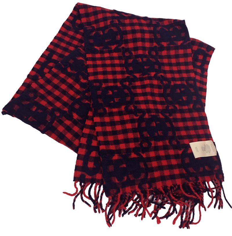 グッチ マフラー チェック レッド ブラック 赤 ブロックチェック GG  