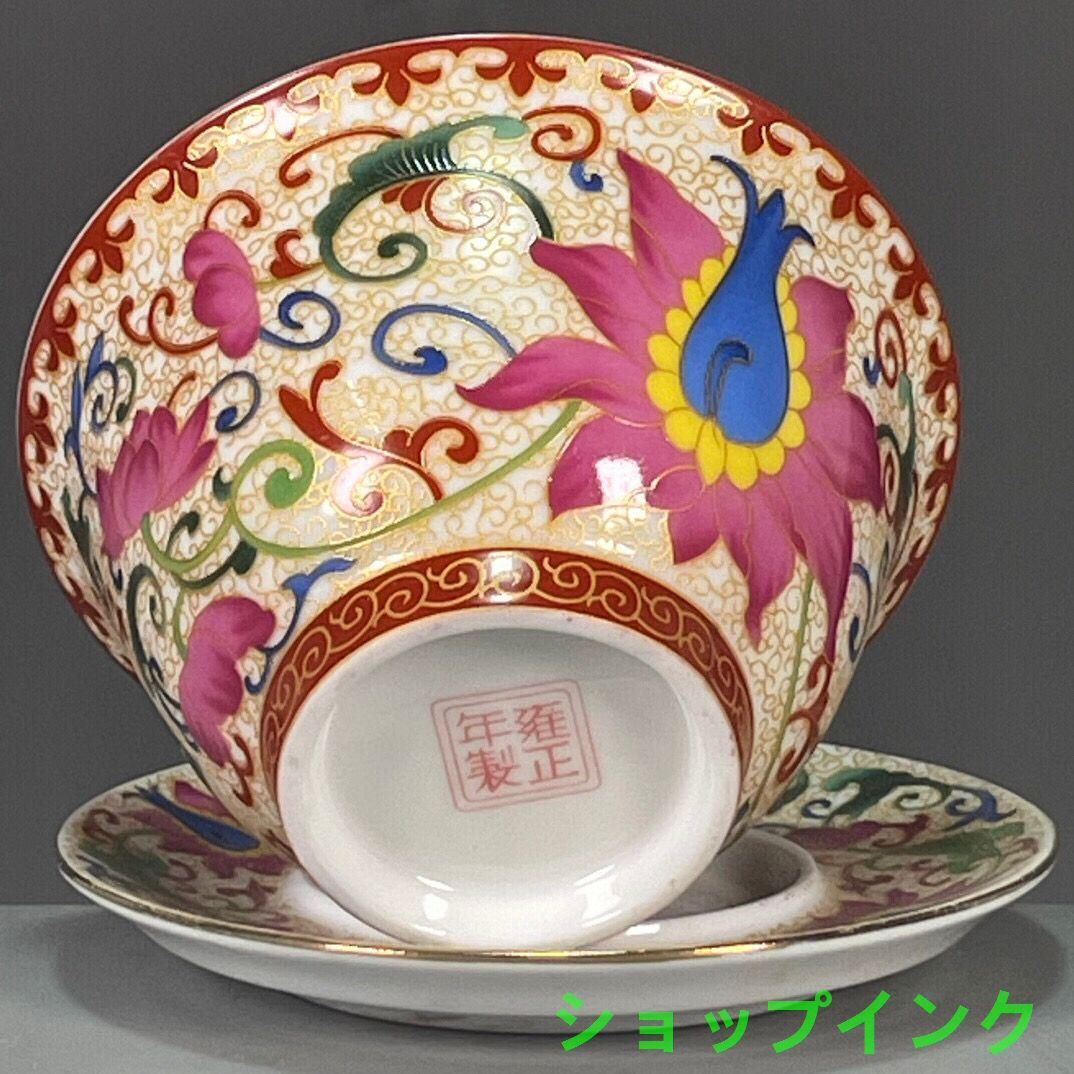 中国茶器 粉彩花卉図紋三才蓋碗 - メルカリ