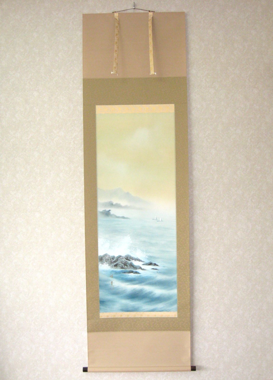 特価軸】掛け軸 彩色山水(夏の海の風景)◇田中祥堂 (真筆・新品