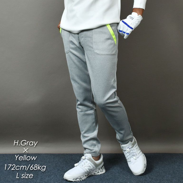 COMONGOLF コモンゴルフ ポケットラインテーパードゴルフパンツ 杢グレー×イエロー CG-22006 ゴルフウェア ロングパンツ ズボン スラックス ポンチ スウェット ストレッチ ウエストゴム アンクル丈 春秋 大きいサイズまで展開
