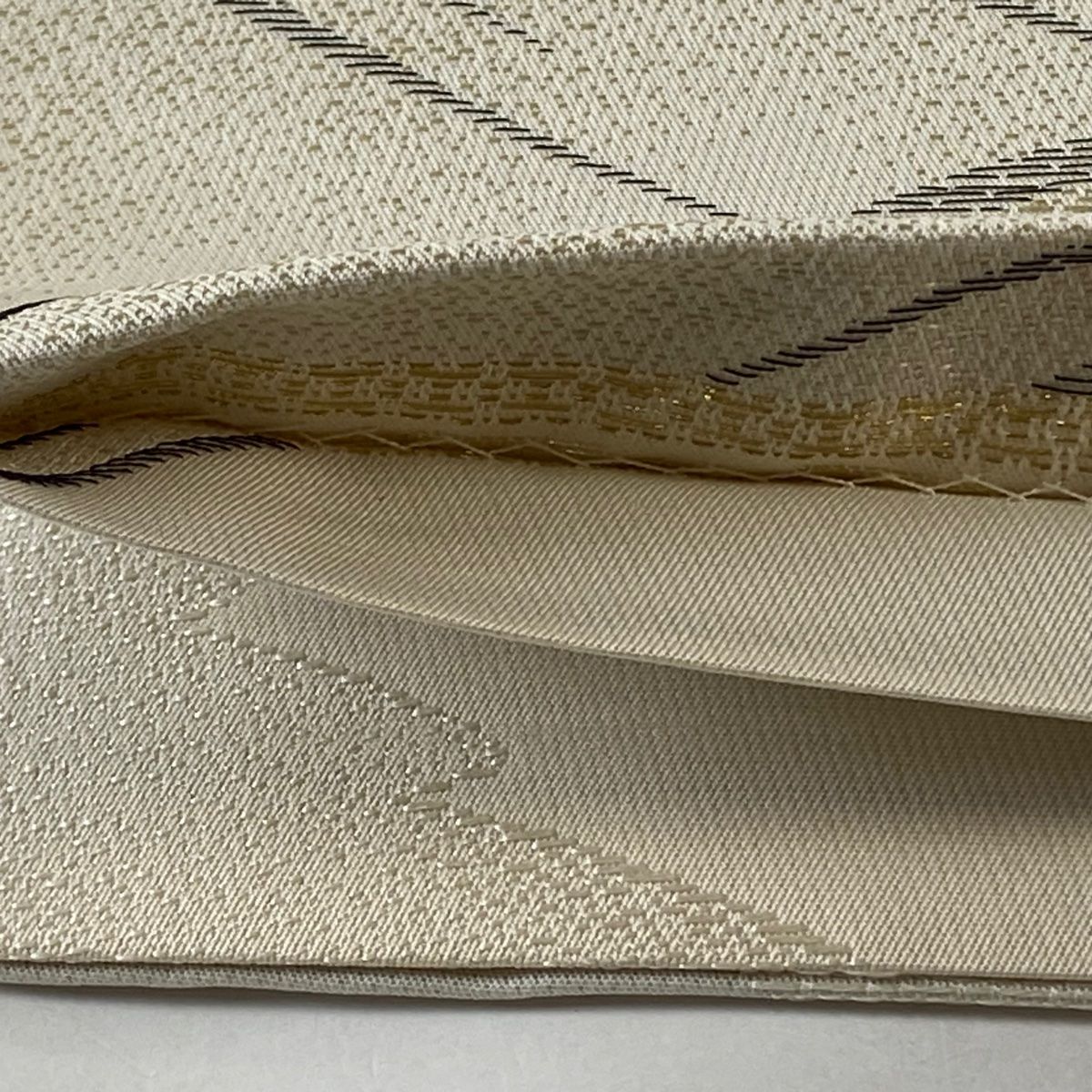 美品　袋帯　正絹　お太鼓柄　金糸　うぐいす　ベージュ　茶　組紐織　縦縞 美品 袋帯 正絹 お太鼓柄 金糸 うぐいす ベージュ 茶 組紐織