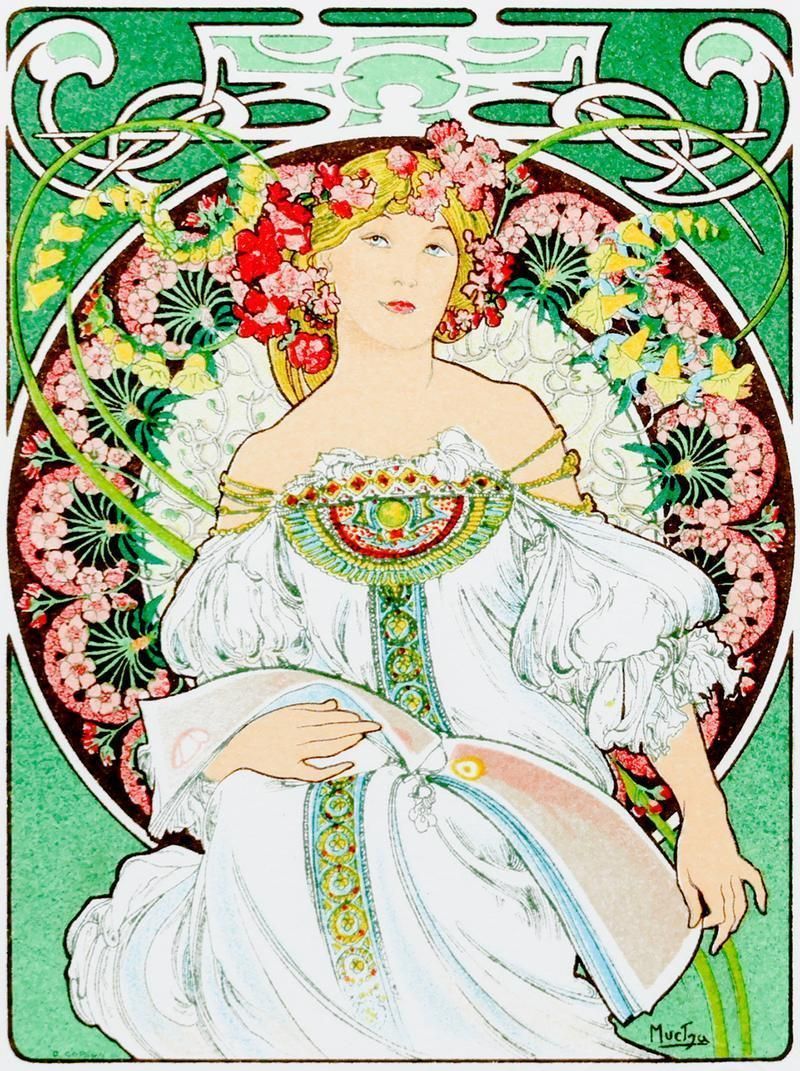 Mucha アルフォンス・ミュシャ フラワー リトグラフ アールヌーヴォー 真作】【WISH】ミュシャ Alphonse Mucha「アールヌーヴォーの華