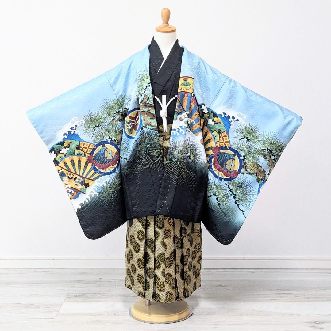 七五三 3歳 男の子 男児 着物 羽織 袴 セット 青 水色 兜 龍 3B-7