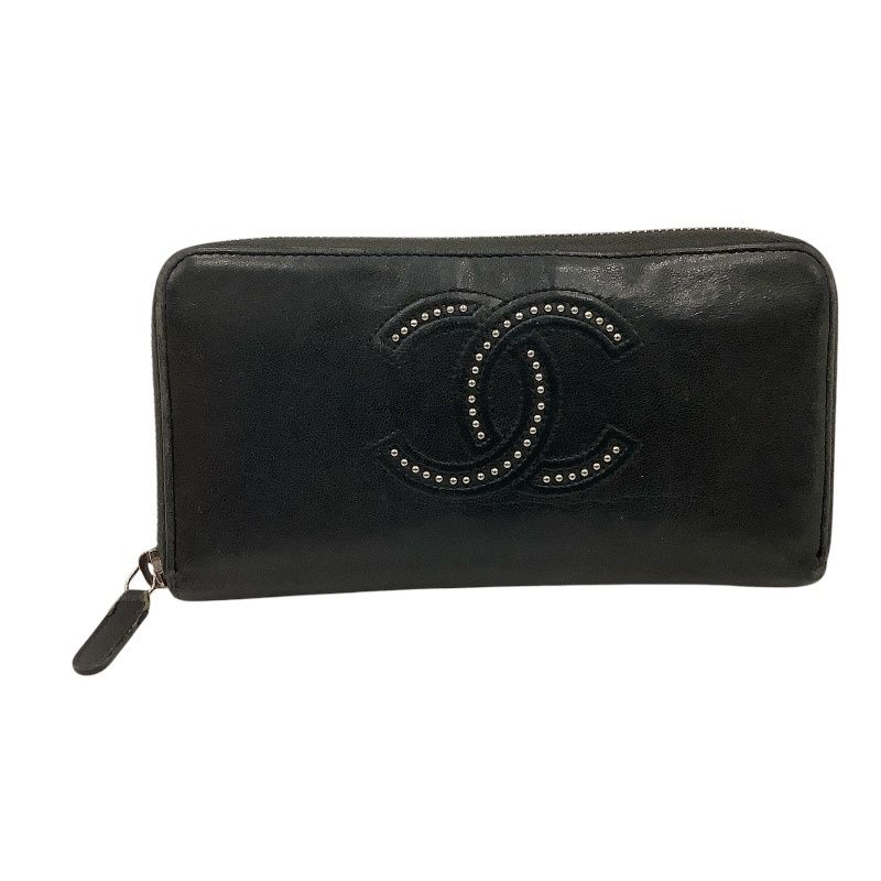 シャネル CHANEL ラムスキン ココマーク スタッズ ブラック ゴールドシール ラウンドファスナー 長財布 JA-22538