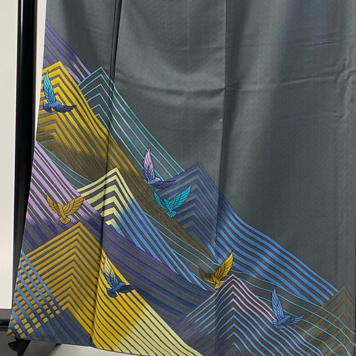 付下げ 身丈163.5cm 裄丈64cm M 袷 斉藤三才 袋帯セット 落款 三才鳥 波 灰色 正絹 秀品