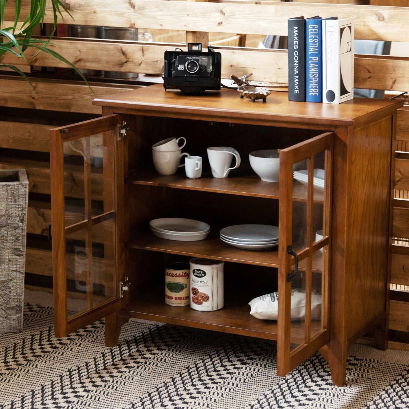 ♪天然木 アンティーク調 キャビネット 両面ガラス扉 幅80cm リビング収納 食器棚 収納家具